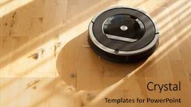  Presentation with robotic - Colorful slide set enhanced with robotic vacuum cleaner on laminate backdrop and a gold colored foreground