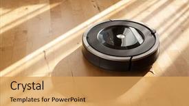  Presentation with robot - Colorful presentation design enhanced with robotic vacuum cleaner on laminate backdrop and a yellow colored foreground