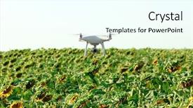  Presentation with quadcopter - Presentation design enhanced with robotics blue green - modern quadcopter flying over field background and a cool aqua colored foreground