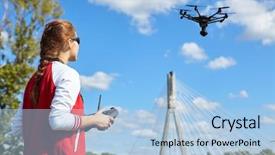  Presentation with drone - PPT theme having robotics security - woman playing with drone background and a light blue colored foreground