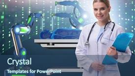  Presentation with robots - Slide set consisting of robots hospital - woman doctor in telemedicine concept background and a ocean colored foreground