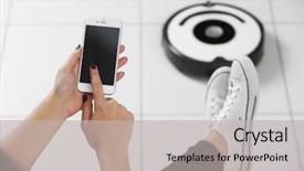  Presentation with room cleaning - Amazing PPT theme having robots leg - cleaning concept - automatic robotic backdrop and a light gray colored foreground