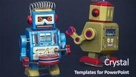  Presentation with robot - Beautiful slide deck featuring robots small - two retro robot toys backdrop and a wine colored foreground