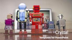  Presentation with robots - Amazing PPT theme having robots watching a film on a laptop backdrop and a violet colored foreground