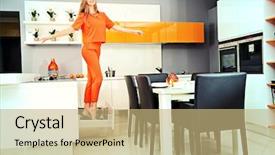  Presentation with kitchen furniture - Cool new slides with robust - cheerful young woman demonstrates backdrop and a coral colored foreground
