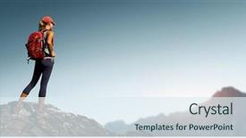  Presentation with hill - Presentation design consisting of lady hiker standing on top of the hill with clear sky and mountains on the background background and a sky blue colored foreground