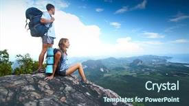  Presentation with mountain top - Colorful theme enhanced with two hikers with backpacks standing backdrop and a ocean colored foreground