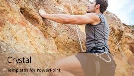  Presentation with mountain climbing - Slide deck having rock climber struggles hold - young fearless man climbing background and a  colored foreground