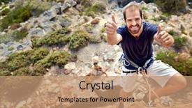  Presentation with rock climbing - Presentation consisting of rock climber with rock climbing equipment on holding a thumbs up and smiling at the camera background and a coral colored foreground