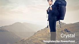  Presentation with businessman standing on mountain top - PPT theme featuring rock climbing business - young businessman with a travel background and a gray colored foreground