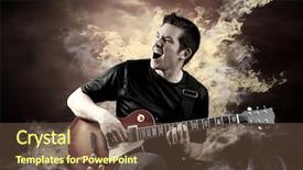  Presentation with flames - Audience pleasing presentation theme consisting of rock guitarist play on the electric guitar around fire flames backdrop and a tawny brown colored foreground