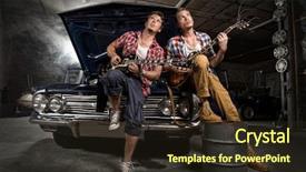  Presentation with garage car - Slide deck having rock mechanics - guitarists at a garage next background and a tawny brown colored foreground