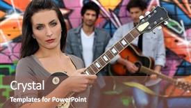  Presentation with members - Slide deck featuring rock music guitar - female guitarist standing with band background and a  colored foreground