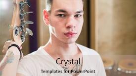  Presentation with bass guitar - Cool new PPT layouts with rock roll - bass player with tattoo standing backdrop and a coral colored foreground