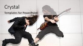  Presentation with poster on white wall above - Beautiful PPT theme featuring rock roll - two joung musician jumping backdrop and a light gray colored foreground