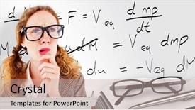  Presentation with thinking - Presentation design enhanced with geeky hipster woman thinking with hand on chin against desk background and a soft green colored foreground