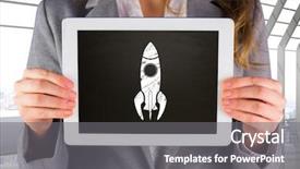  Presentation with temprature smart room - Presentation theme with rocket ship - businesswoman showing tablet against room background and a  colored foreground