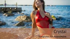  Presentation with waves red - Colorful presentation design enhanced with brunette girl dressed in red swimsuit sitting on the rocks next to the waves of the sea backdrop and a coral colored foreground