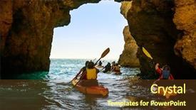  Presentation with motor boat in the sea - Cool new presentation theme with rocky caves - people on boats backdrop and a tawny brown colored foreground