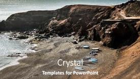  Presentation with rocky shore - Slide deck featuring rocky shore with fishing boats in canary island bay lanzarote spain background and a violet colored foreground