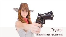  Presentation with rodeo - Colorful PPT layouts enhanced with rodeo fashion - woman gangster with gun isolated backdrop and a lemonade colored foreground