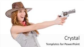  Presentation with rodeo - Presentation theme enhanced with rodeo fashion - woman gangster with gun isolated background and a white colored foreground