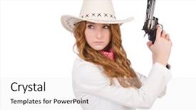  Presentation with rodeo - Slide deck featuring rodeo fashion - young cowgirl with gun isolated background and a white colored foreground