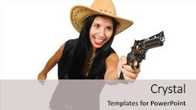  Presentation with rodeo - PPT theme with rodeo fashion - young woman with gun isolated background and a light gray colored foreground