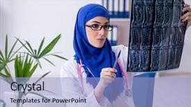  Presentation with working in a clinic - Presentation design featuring roentgen - arab female doctor working background and a light blue colored foreground