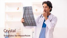  Presentation with working in a clinic - Slide deck featuring roentgen - young male doctor radiologist working background and a  colored foreground