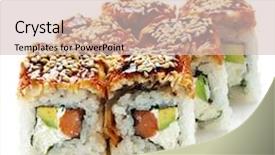  Presentation with fresh avocado - Amazing presentation theme having roll made of fresh raw salmon cream cheese and avocado inside topped with smoked eel unagi backdrop and a soft green colored foreground