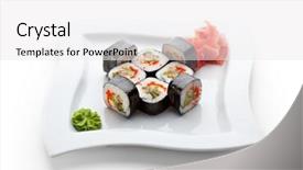  Presentation with fresh avocado - Slides enhanced with roll made of fresh salmon smoked eel avocado tobiko and cucumber inside nori outside background and a white colored foreground