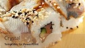  Presentation with cucumber cream - Cool new presentation theme with roll made of fresh salmon smoked eel cream cheese and cucumber inside topped with smoked eel backdrop and a coral colored foreground