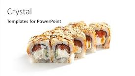  Presentation with cucumber cream - Colorful slide set enhanced with roll made of fresh salmon cream cheese and cucumber inside topped with smoked eel unagi backdrop and a white colored foreground