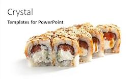  Presentation with cucumber cream - Audience pleasing PPT theme consisting of roll made of fresh salmon cream cheese and cucumber inside topped with smoked eel unagi backdrop and a white colored foreground