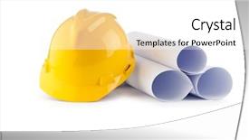  Presentation with hat - Slide deck consisting of roll paper - hard hat and drawings isolated background and a white colored foreground
