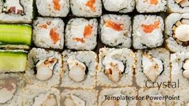  Presentation with food fish - Amazing PPT theme having roll-set-on-white-background backdrop and a coral colored foreground