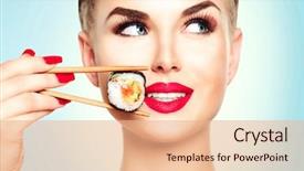  Presentation with japanese food - PPT theme featuring roll with chopsticks healthy japanese background and a coral colored foreground