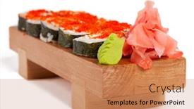  Presentation with caviar - Audience pleasing theme consisting of roll with cream cheese inside topped with red caviar backdrop and a coral colored foreground