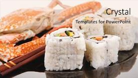  Presentation with cucumber cream - PPT theme having roll with cucumber cream cheese with raw tuna and salmon inside on black dish with boiled crab japanese traditional cuisine background and a lemonade colored foreground