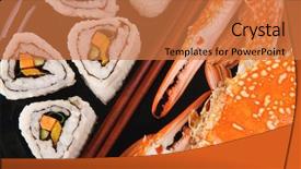  Presentation with cucumber cream - Presentation theme with roll with cucumber cream cheese with raw tuna and salmon inside on black dish with boiled crab japanese traditional cuisine background and a coral colored foreground