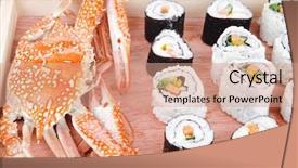  Presentation with cucumber cream - Slide deck enhanced with roll with cucumber cream cheese with raw tuna and salmon inside on wooden plate with live crab isolated over white background japanese traditional cuisine background and a coral colored foreground