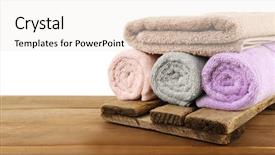  Presentation with old wooden table food - Amazing PPT theme having rolled bath towels on wooden backdrop and a white colored foreground