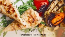  Presentation with bacon - Presentation design featuring rolled chicken with bacon served on a table with a glass of wine background and a yellow colored foreground