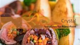  Presentation with potato chips - Slide set having rolled-meat-and-veggies background and a gold colored foreground