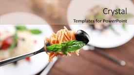  Presentation with olive - Slide deck consisting of rolled metal - pasta on fork with olive background and a coral colored foreground