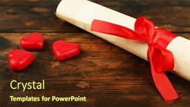  Presentation with hearts - Theme enhanced with rolled paper with hearts on rustic wooden table background background and a wine colored foreground