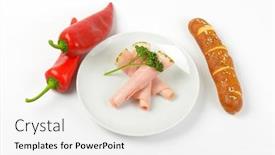  Presentation with peppers - Cool new presentation design with rolled slices of asparagus coated ham with red peppers and bread roll on white plate backdrop and a white colored foreground