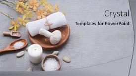  Presentation with spa concept stone - PPT layouts enhanced with rolled-towels-and-herbal-ball background and a light gray colored foreground