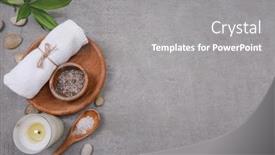  Presentation with spoon - PPT theme having rolled towels and salt spoon in bowl in wooden bowl bamboo leaves stone and candle on grey background background and a gray colored foreground